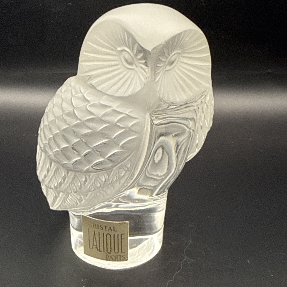 Lalique France 3.5" Owl Frosted Crystal Paperweight Original Sticker Signed